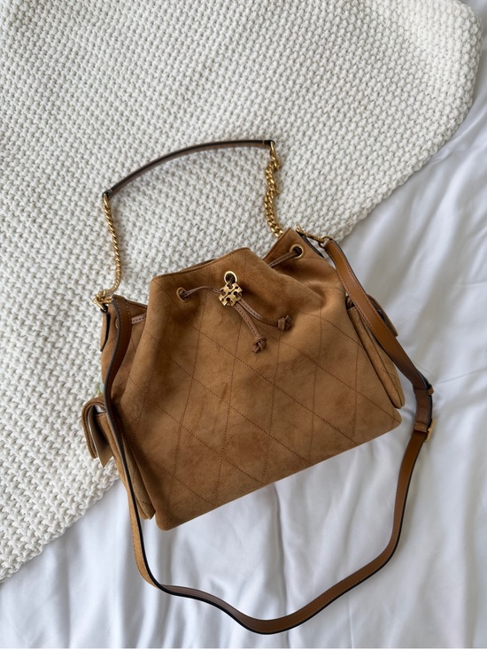 Tory Burch Handbags - Tory Burch Charlie Quilted Suede Drawstring Shoulder in Toffee